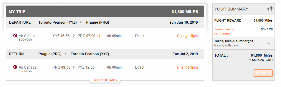 Aeroplan Toronto to Prague
