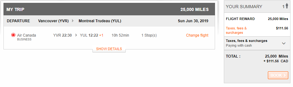 Aeroplan Vancouver to Montreal in Business Class