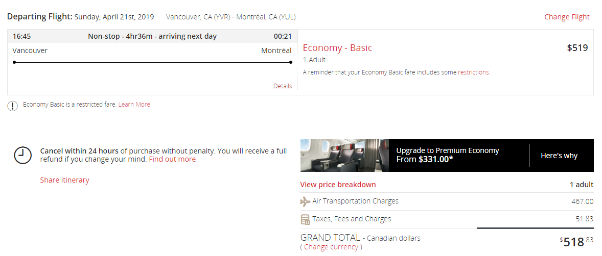 Air Canada Vancouver to Montreal